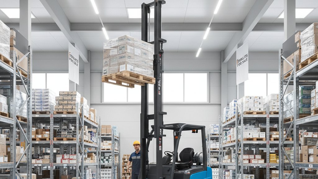 מלגזה חשמלית חדשה עם תורן מורם, מרימה משטחי סחורה במחסן מודרני מואר היטב.