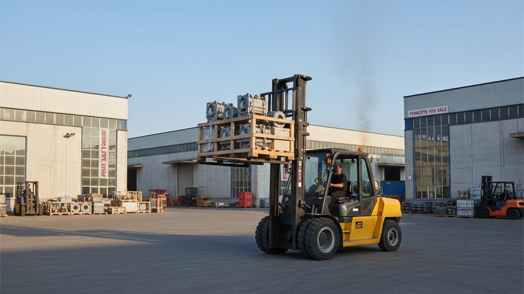 מלגזה דיזל עוצמתית עובדת בחצר חיצונית של מפעל, מרימה מטען כבד. הרקע כולל מבנים תעשייתיים ושמיים כחולים.