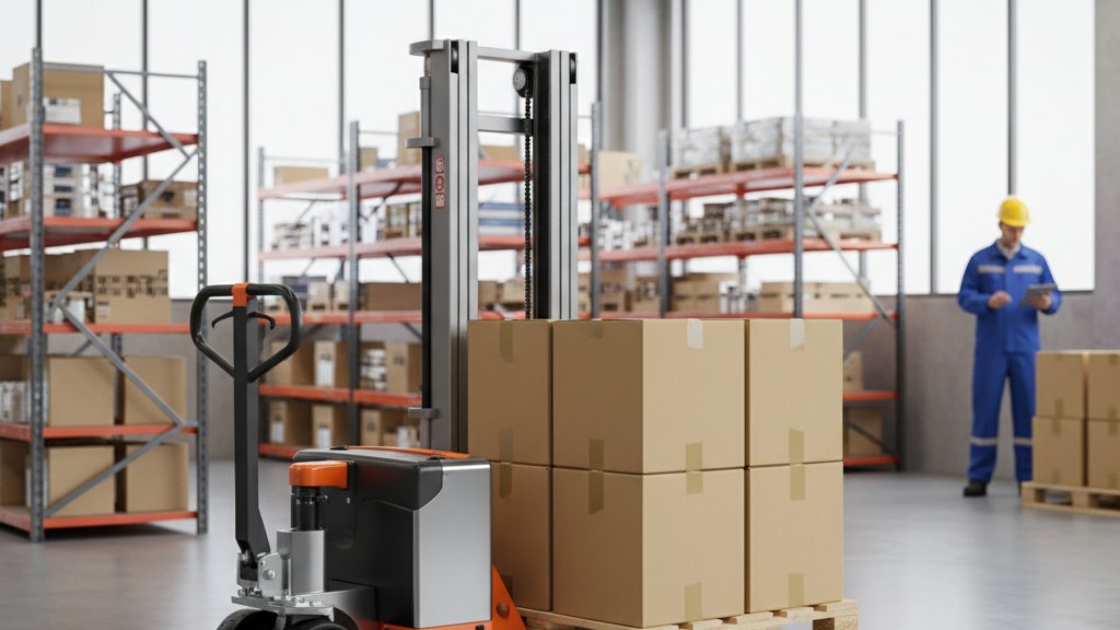 עגלת משטחים חשמלית חזקה מעמיסה ארגזים במחסן מודרני