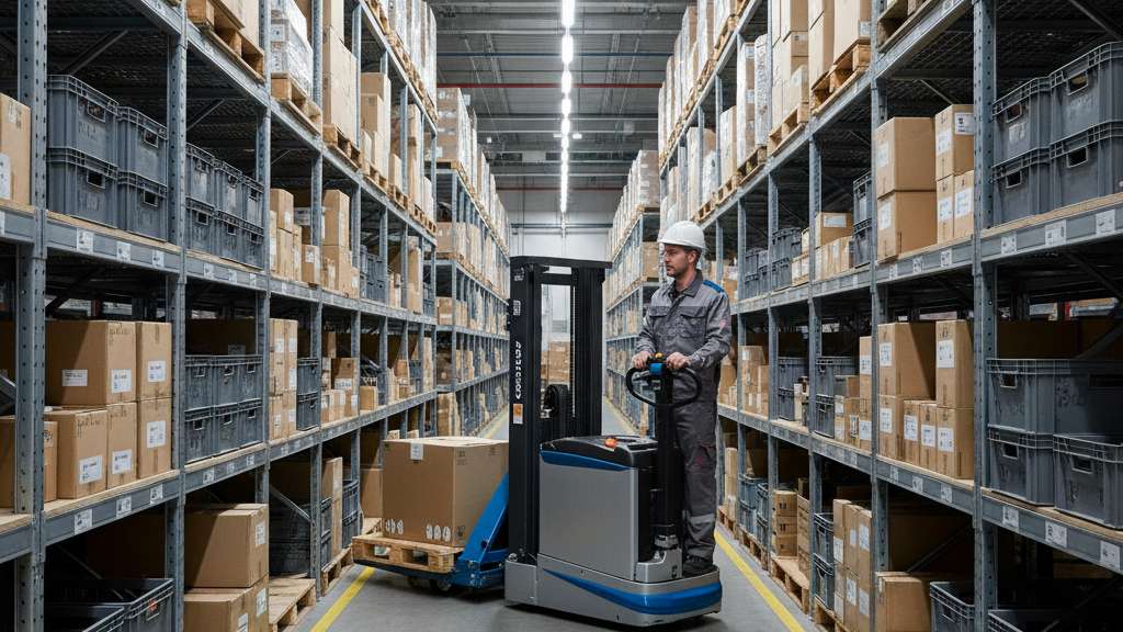 עגלת משטחים חשמלית עם מפעיל בחלל צר, מדגישה יכולת תמרון