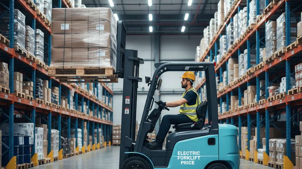 מלגזה חשמלית מחיר: המדריך המלא לבחירה חכמה לעסק הקטן שלך מלגזה חשמלית חדשה בצבע כחול בהיר מרימה משטח כבד במחסן מודרני מואר. הרקע כולל מדפים גבוהים מלאים בסחורה. העובד המפעיל את המלגזה נראה ממוקד בעבודתו.