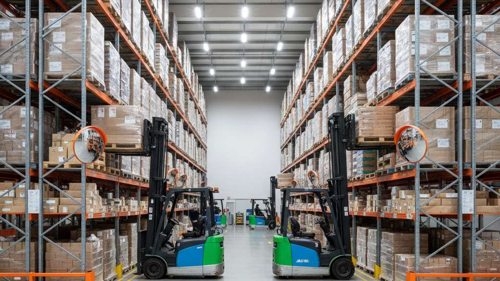 מלגזה חשמלית מחיר: המדריך המלא לבחירה חכמה לעסק הקטן שלך מבט כללי על מחסן לוגיסטי גדול עם מספר מלגזות חשמליות הפועלות במקביל, חלקן מרימות משטחים וחלקן נוסעות בין המדפים. המחסן מואר היטב וכולל סימוני בטיחות ברורים על הרצפה.