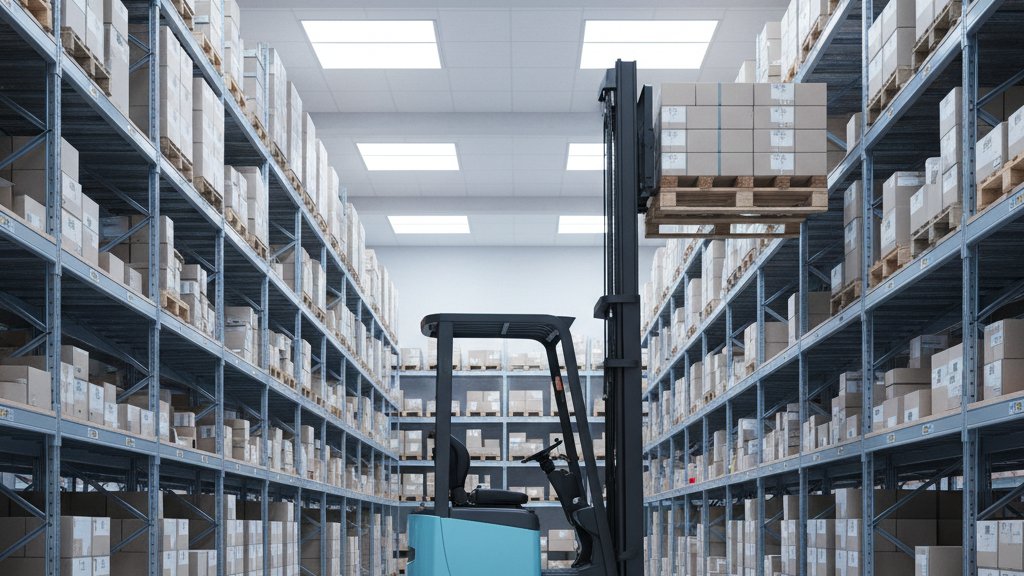 מלגזה חשמלית קטנה בצבע כחול בהיר מרימה משטח במחסן מודרני ונקי עם מדפים גבוהים. המלגזה נראית קומפקטית ופועלת בצורה שקטה.