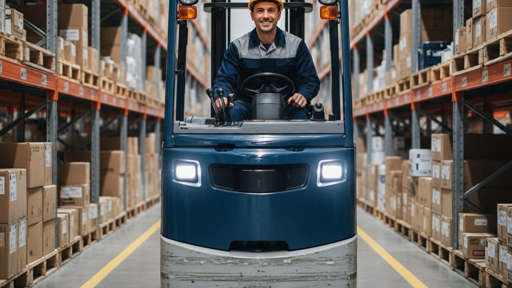 מפעיל מלגזה חייכן יושב בנוחות בתא מפעיל של מלגזה חשמלית קטנה, כשהוא מביט קדימה לעבר פסי עבודה צרים. המלגזה מתוחזקת היטב ובעלת תאורה קדמית.