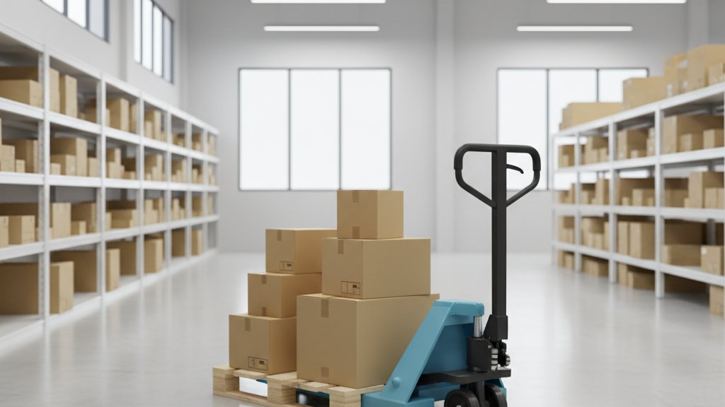 מלגזה ידנית חשמלית בצבע כחול בהיר, מרימה משטח עץ עמוס בקופסאות בתוך מחסן מודרני ונקי. המלגזה נראית יציבה וקלה לתפעול, עם ידית אחיזה ארגונומית.