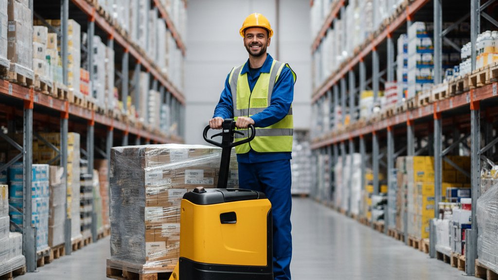 עובד מחסן עם קסדה וווסט בטיחות ירוק, מפעיל מלגזה ידנית חשמלית בצבע צהוב בהיר, מזיז משטח עם סחורה כבדה במעבר צר בין מדפים גבוהים. המלגזה נראית קלה לתמרון והעובד מחייך.