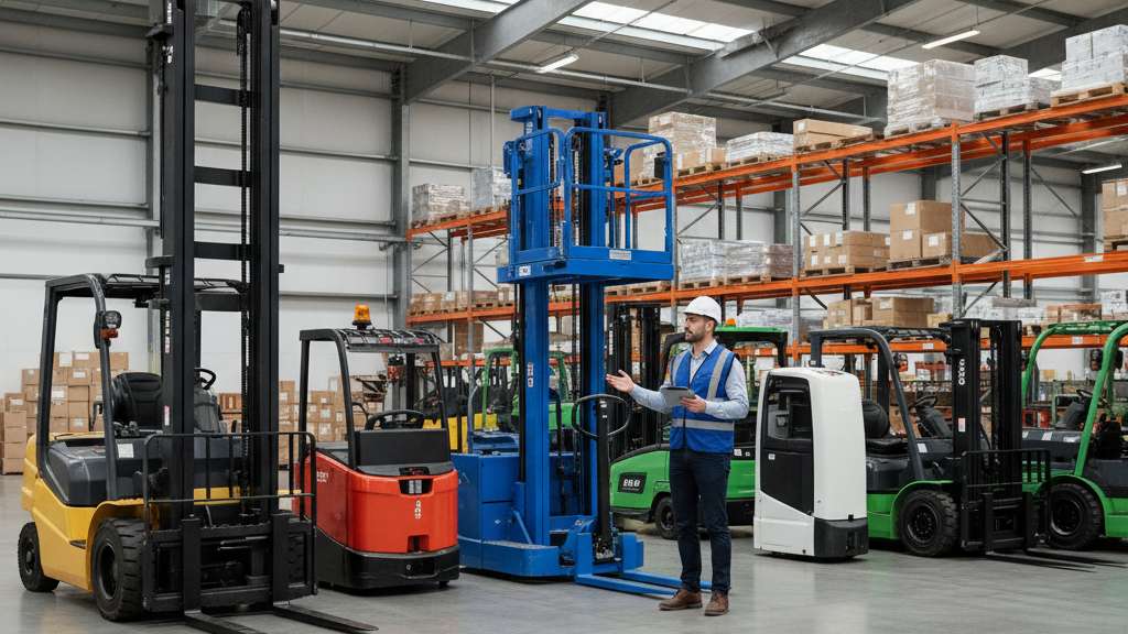 תמונה של מגוון סוגי מלגזות מסודרות במחסן גדול, המדגימה את ההבדלים בגודל ובצורה ביניהן, עם עובד העומד לידן ומסביר