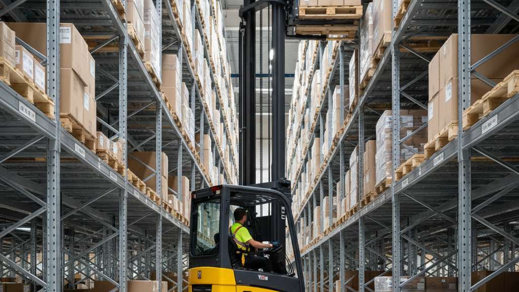 תמונה של מלגזת VNA צהובה הפועלת במעבר צר מאוד במחסן גבוה, מרימה משטח לגובה רב עם עובד בקרון המפעיל