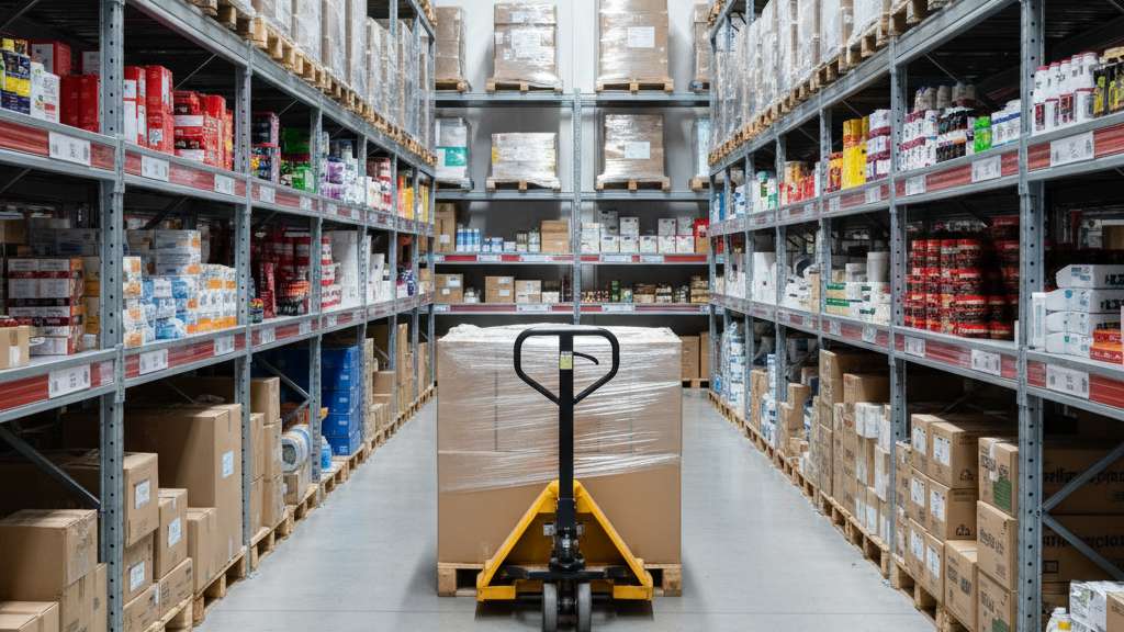 עגלת משטחים ידנית סטנדרטית בצבע צהוב, מובילה משטח עץ במחסן מואר עם מדפים גבוהים מלאים בסחורה. העגלה ממוקמת על רצפה נקייה.