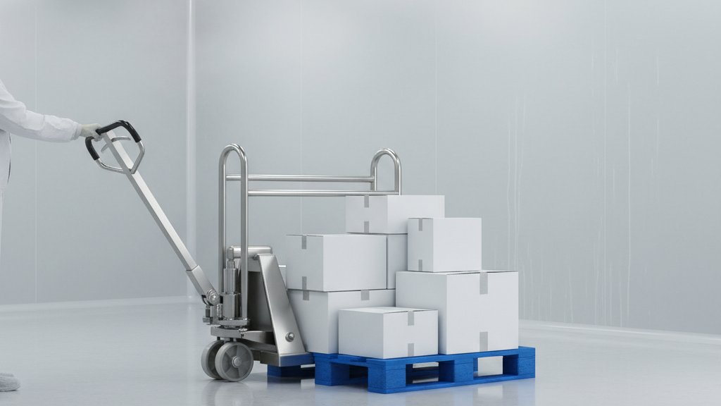 עגלת משטחים ידנית מנירוסטה בסביבת עבודה לחה או נקייה, מרימה משטח כחול שעליו קופסאות. הרצפה מבריקה וקירות בהירים.