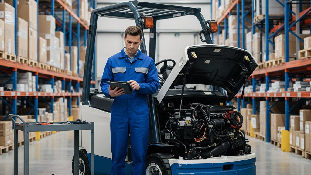 טכנאי מלגזות מקצועי בודק מנוע של מלגזה חשמלית במחסן מודרני, עם כלי עבודה מפוזרים באופן מסודר סביבו. הוא לובש סרבל עבודה כחול ומחזיק טאבלט או מכשיר אבחון דיגיטלי.