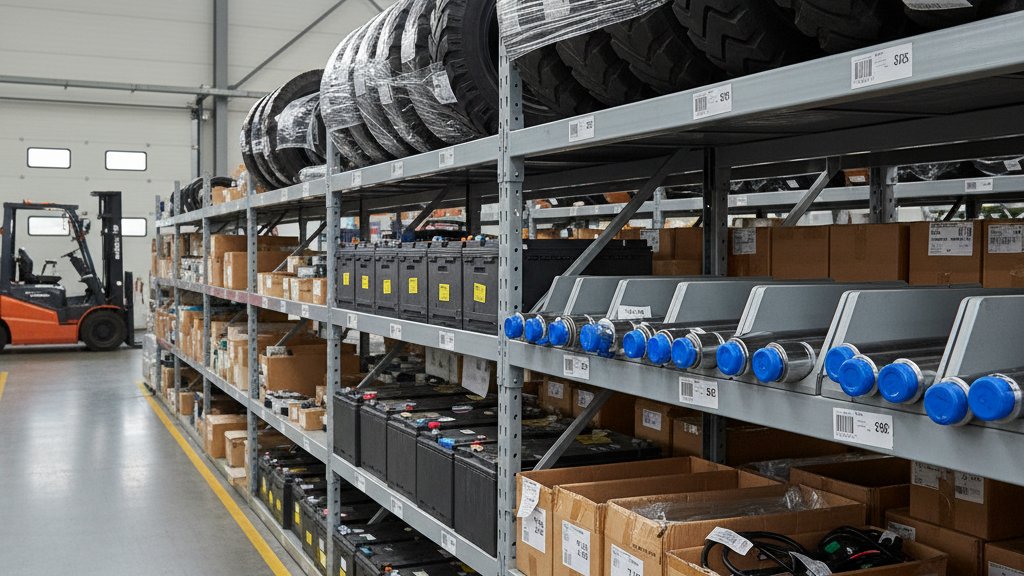 מגוון חלקי חילוף למלגזות מסודרים על מדפים במחסן לוגיסטי. ניתן לראות צמיגים, סוללות, צילינדרים הידראוליים ורכיבים אלקטרוניים שונים, כולם חדשים וארוזים באריזתם המקורית.