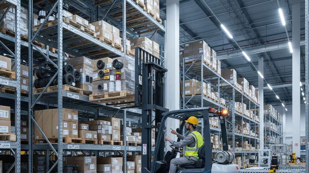 חלקי חילוף למלגזות: המפתח לבטיחות, יעילות וחיסכון לטווח ארוך מלגזה מודרנית בפעולה במחסן לוגיסטי גדול, עם עובד המפקח על הטענת סחורה.