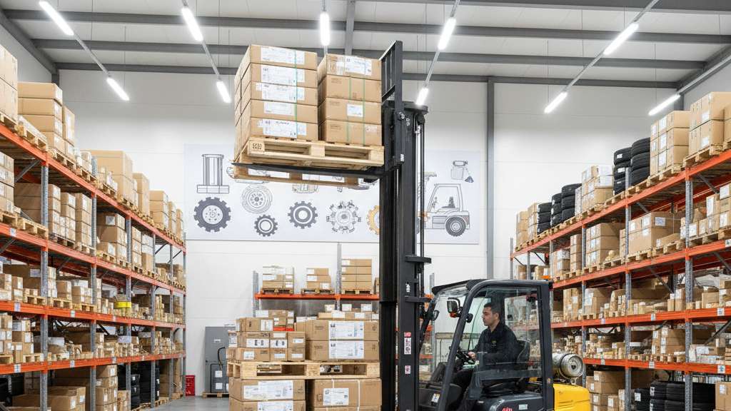 חלקי חילוף למלגזות: המפתח לפעילות רציפה, בטוחה ויעילה במחסן שלכם מלגזה מודרנית צהובה בפעולה במחסן, מעמיסה משטחים גבוה.