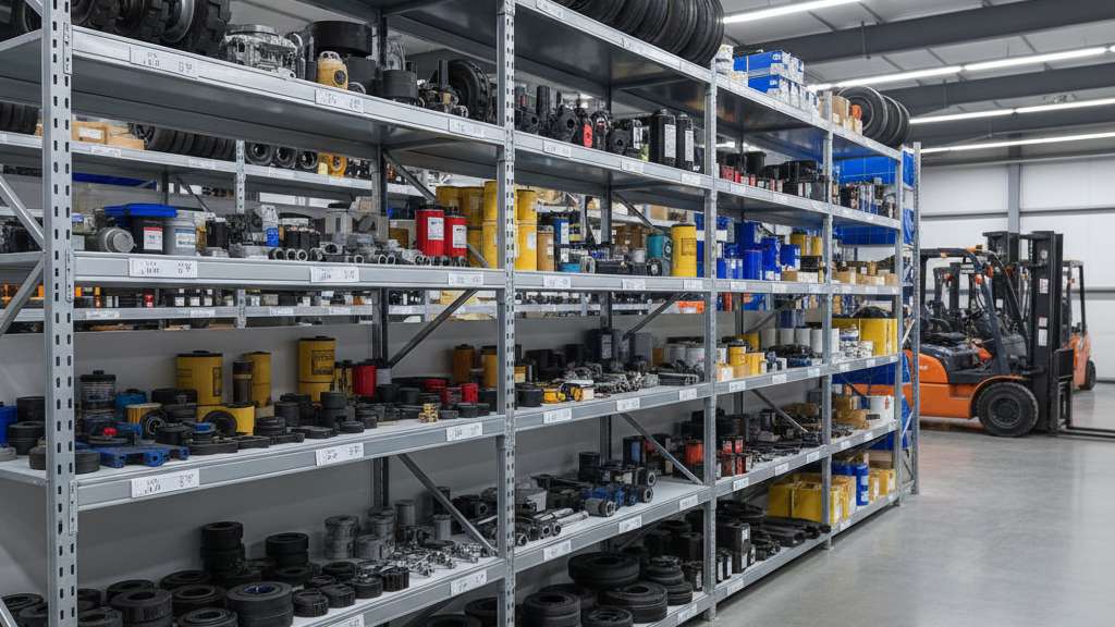 חלקי חילוף למלגזות: המפתח לבטיחות, יעילות וחיסכון לטווח ארוך מבחר רחב של חלקי חילוף שונים למלגזות, מונחים בצורה מסודרת על מדפים במחסן, כולל גלגלים, פילטרים ורכיבים הידראוליים.