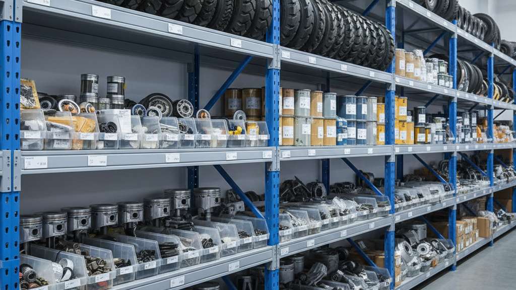 חלקי חילוף למלגזות: המפתח לפעילות רציפה, בטוחה ויעילה במחסן שלכם מגוון חלקי חילוף למלגזות מסודרים על מדפים, כולל גלגלים, פילטרים ורכיבי מנוע.