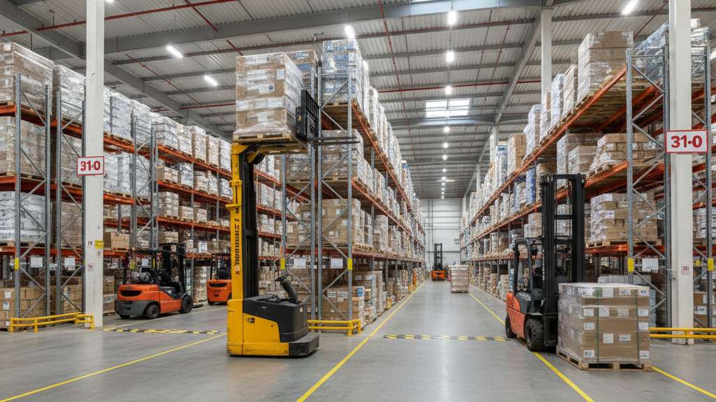 יד 2 מלגזות: המדריך המלא לרכישה חכמה וחסכונית לעסק שלכם מבט פנורמי על מחסן לוגיסטי גדול ופעיל, עם מספר מלגזות מסוגים שונים (חשמליות ודיזל) בפעולה. מלגזה אחת מרימה משטח לגובה, אחרת משנעת סחורה במעבר צר. המחסן נראה מסודר ומאורגן, עם תאורה חזקה וסימוני בטיחות על הרצפה.